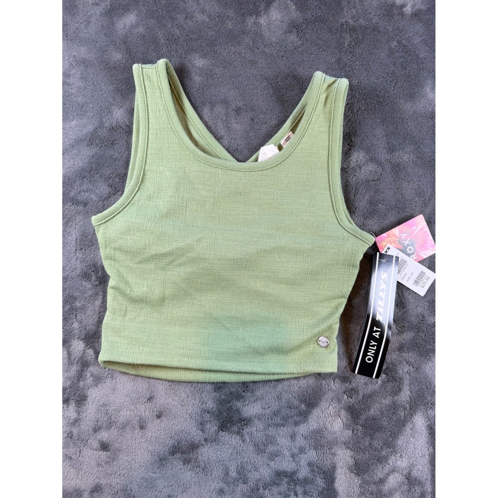 ROXY Sage Green Ribbed Knit Crop Top Cutout Back Racerback XS